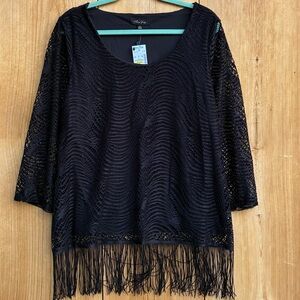 NWT Melissa Paige Lined Black Crochet Design Fringe Hemline Top Size X-Large